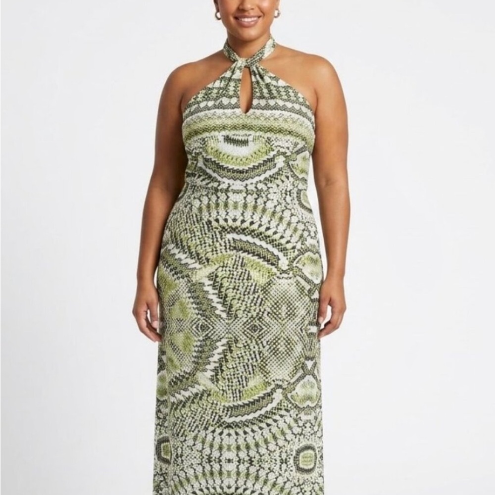 Ashley Stewart Lime Green Snake Geo Halter Maxi Dress 18/20